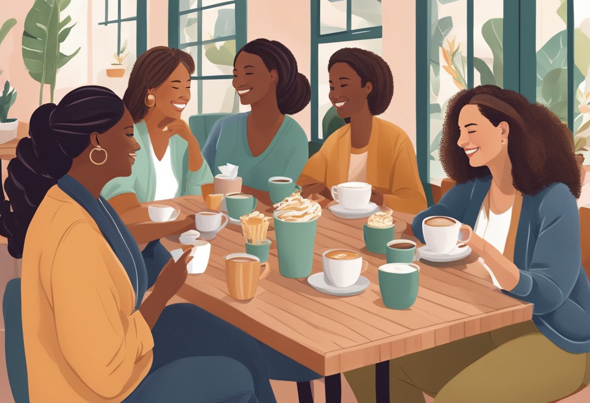 A group of doulas gather in a cozy California cafe, exchanging support and networking over warm drinks and pastries