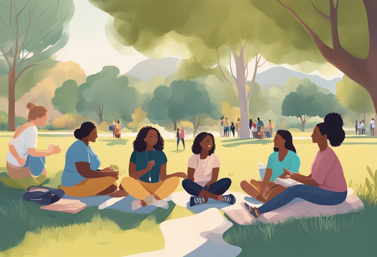 A group of doulas gather in a sunny California park, chatting and sharing resources. A sense of community and support is evident in their interactions