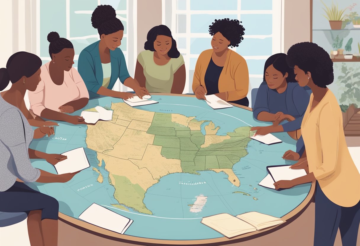 A group of doulas gather in a circle, sharing experiences and knowledge. A California map and certification documents are displayed on a table