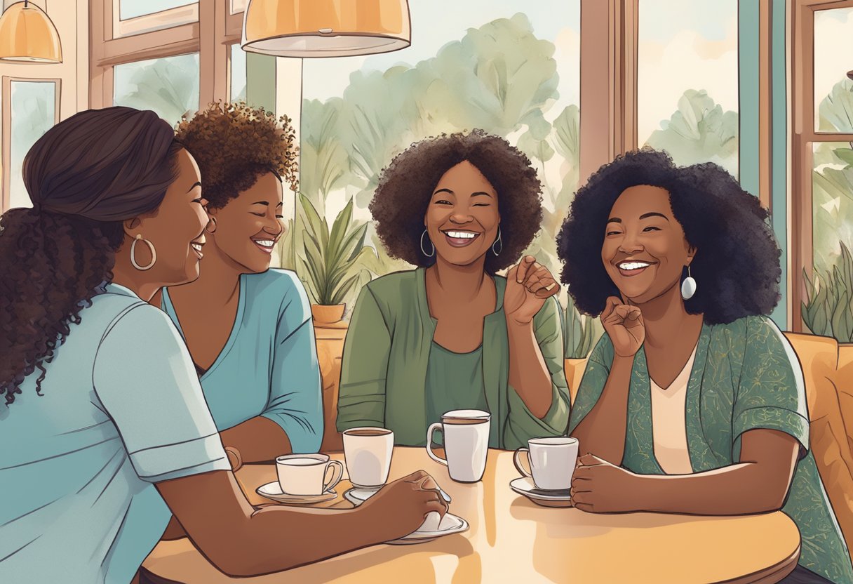 A group of doulas gather in a cozy California cafe, exchanging ideas and support for their practices. Laughter and conversation fill the air as they network and build community