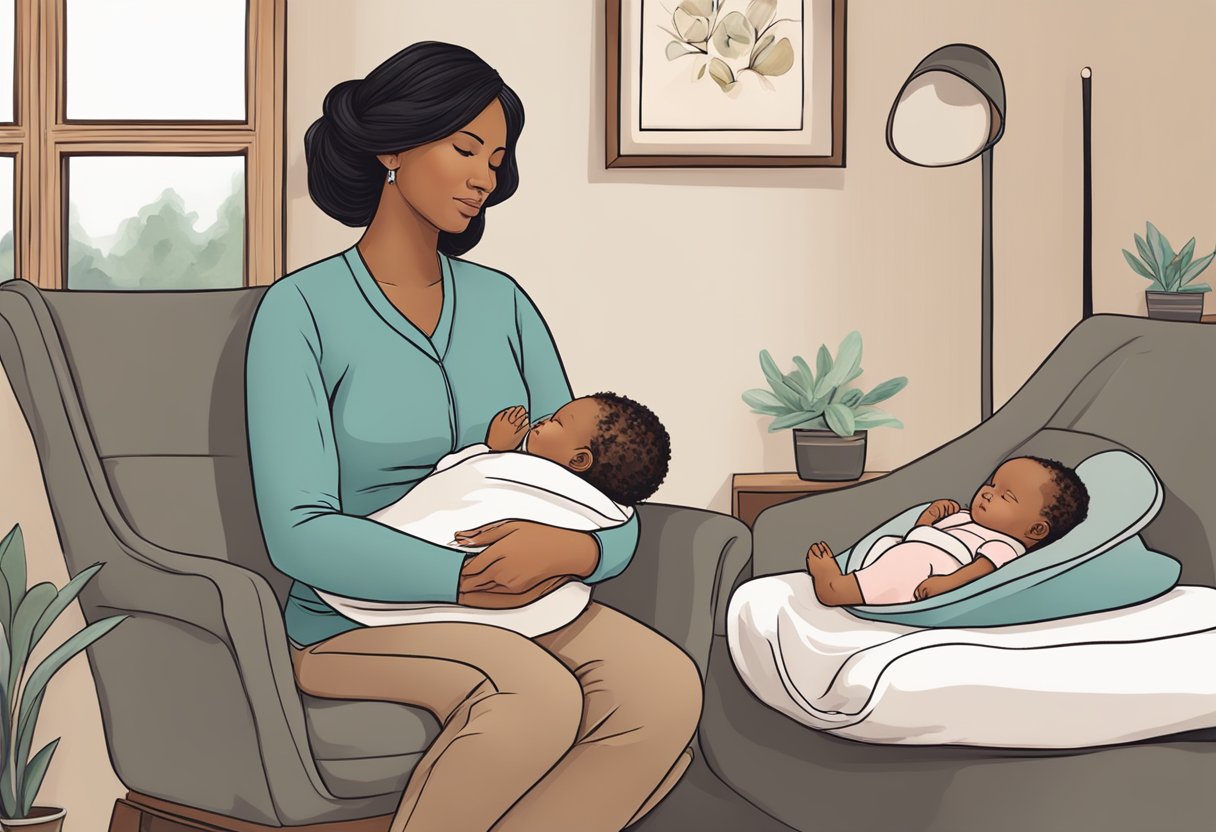 A postpartum doula sits with a new mother, offering emotional support and guidance as she cares for her baby. The doula provides encouragement and resources to help the mother navigate the challenges of early motherhood