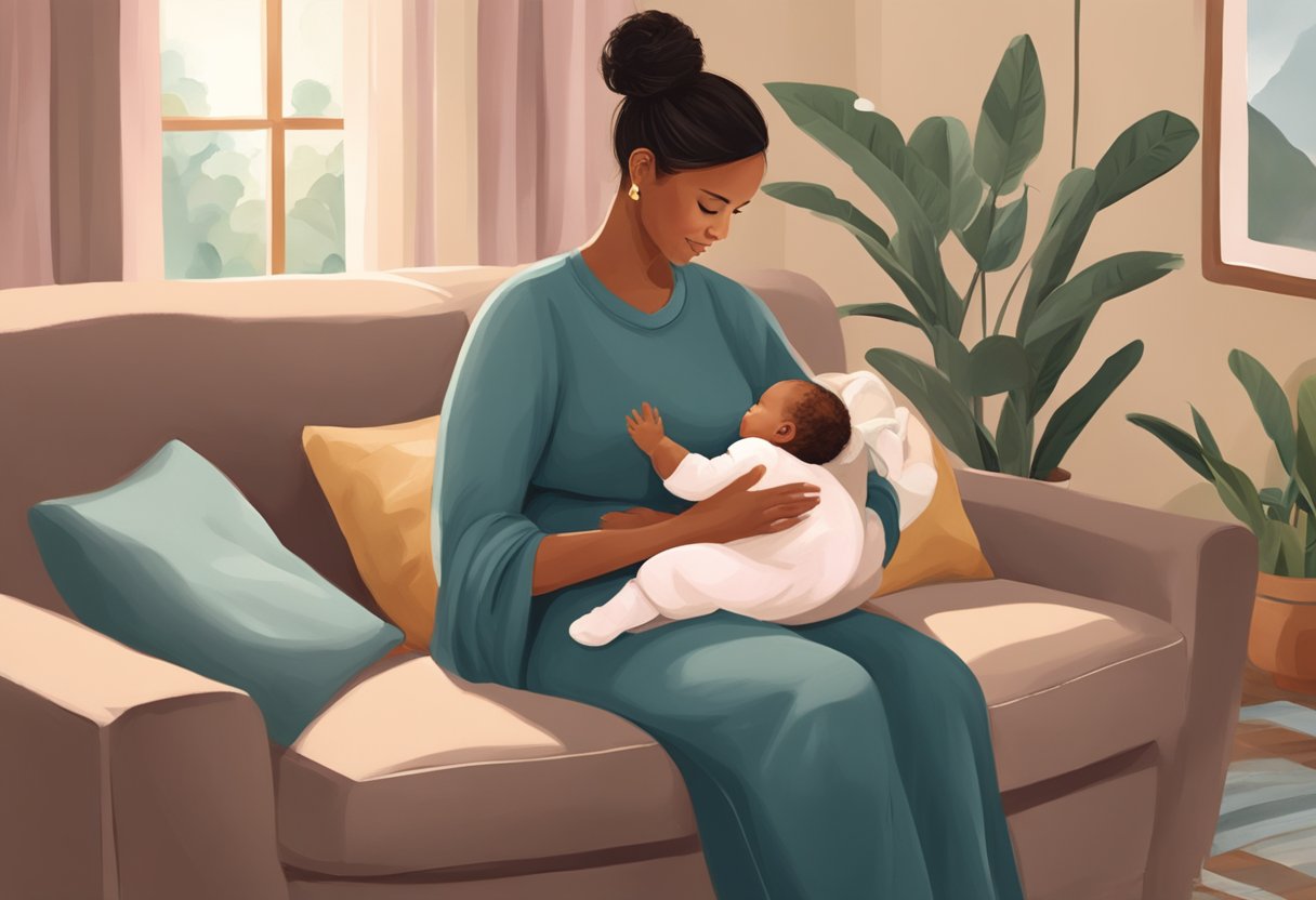 A postpartum doula sits with a new mother, offering support and guidance while she cares for her newborn baby in a cozy California home