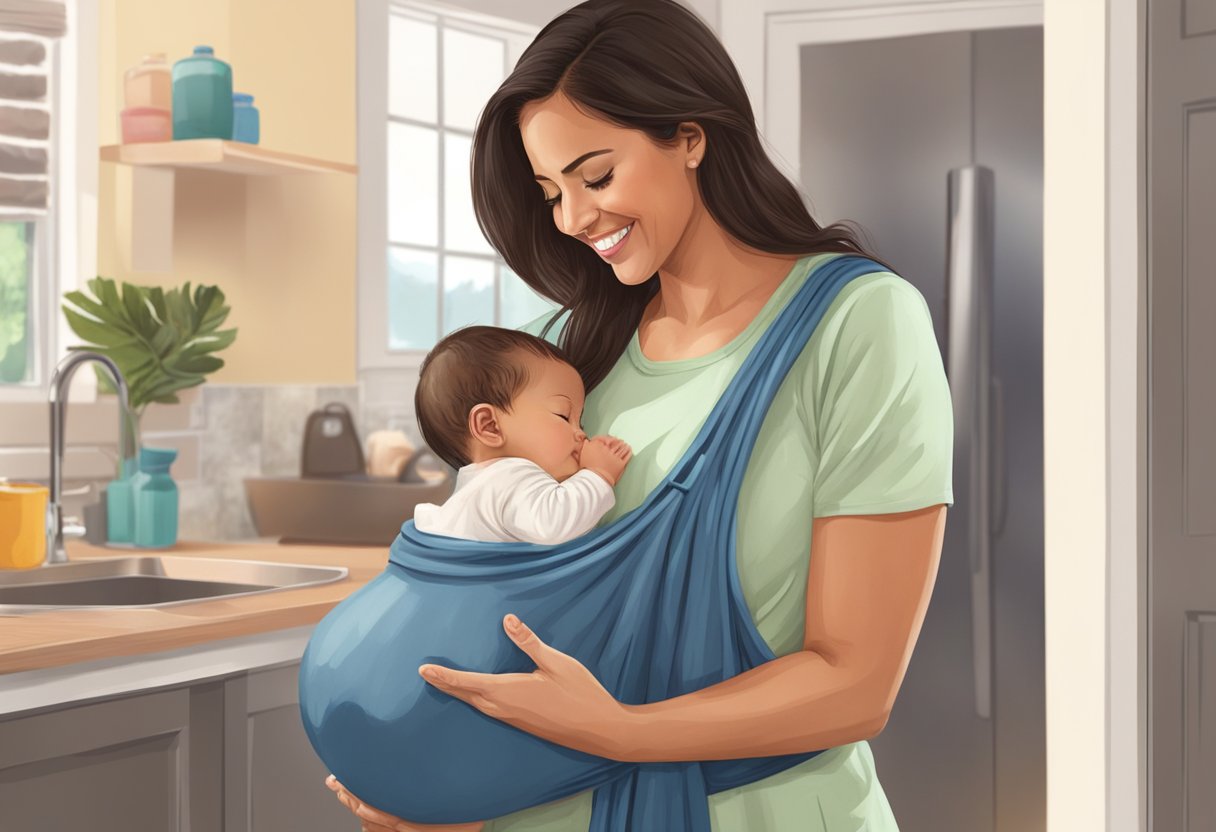 A postpartum doula in California supporting a new mother with household chores and childcare, providing emotional and physical support