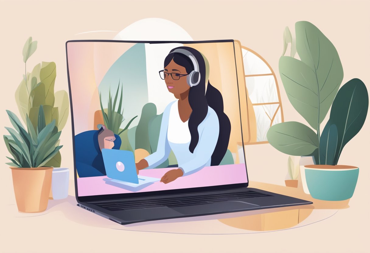 A laptop with a video call open, showing a virtual doula providing support and guidance to a client. The client is seen on the screen, looking engaged and comforted