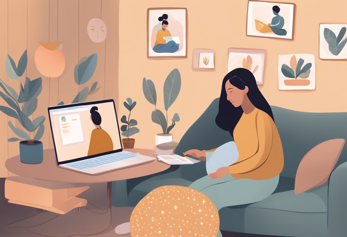 A laptop with a video call open, showing a virtual doula providing support and guidance to a pregnant client. The room is cozy and inviting, with soft lighting and calming decor