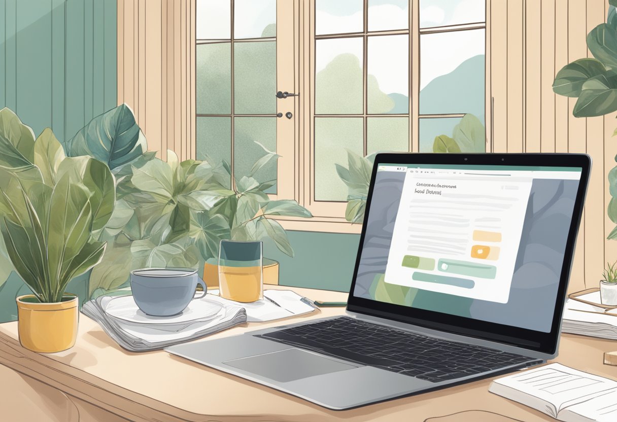 A laptop on a desk with a virtual doula website open, surrounded by calming decor and a cozy atmosphere