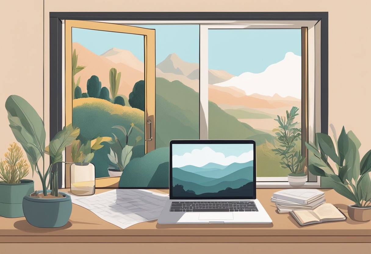 A laptop with a virtual doula service website open, surrounded by calming decor and a California landscape visible through a window