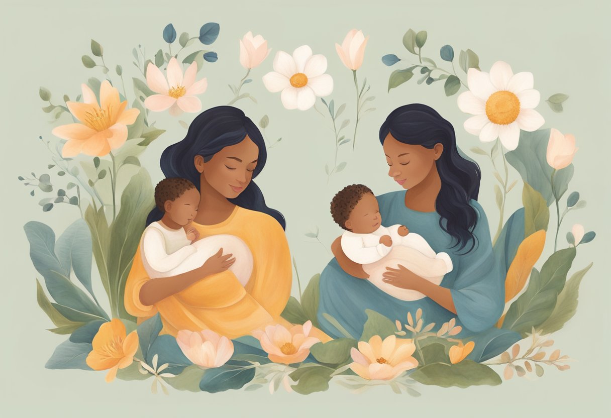 A serene doula workshop in California, with three specializations represented by symbolic elements: a fertility flower, a comforting embrace, and a playful child's toy