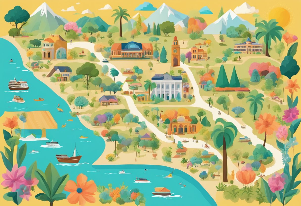 A colorful California map with icons representing local attractions and businesses, surrounded by vibrant flowers and foliage