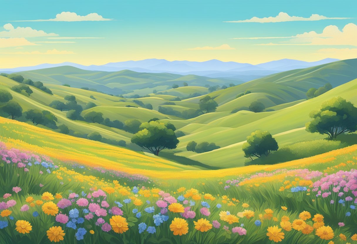 A serene, natural landscape in California with rolling hills, blooming wildflowers, and a clear blue sky