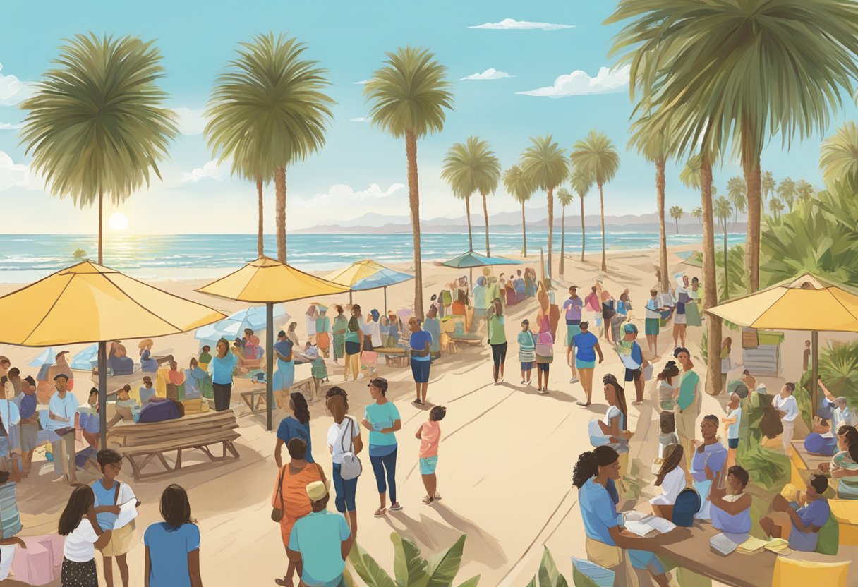 A sunny California beach with a palm tree-lined boardwalk, where a doula hosts a community event, interacting with expectant parents and distributing informational brochures