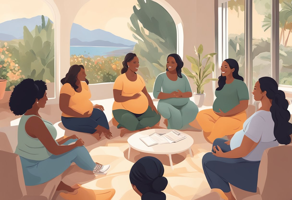 A doula surrounded by pregnant women, discussing marketing strategies in a sunny California setting