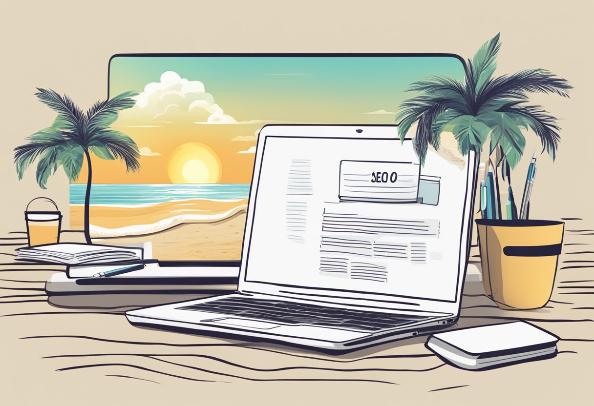 A sunny California beach with a laptop, notebook, and pen. A doula logo is on the laptop screen, while the notebook shows SEO strategy notes