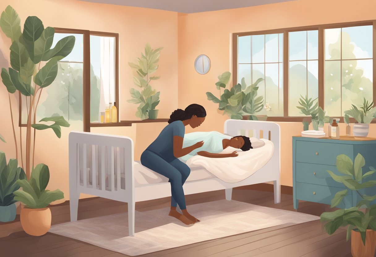 A serene and comforting birthing room with a doula providing support to a laboring mother, surrounded by calming essential oils and soothing music