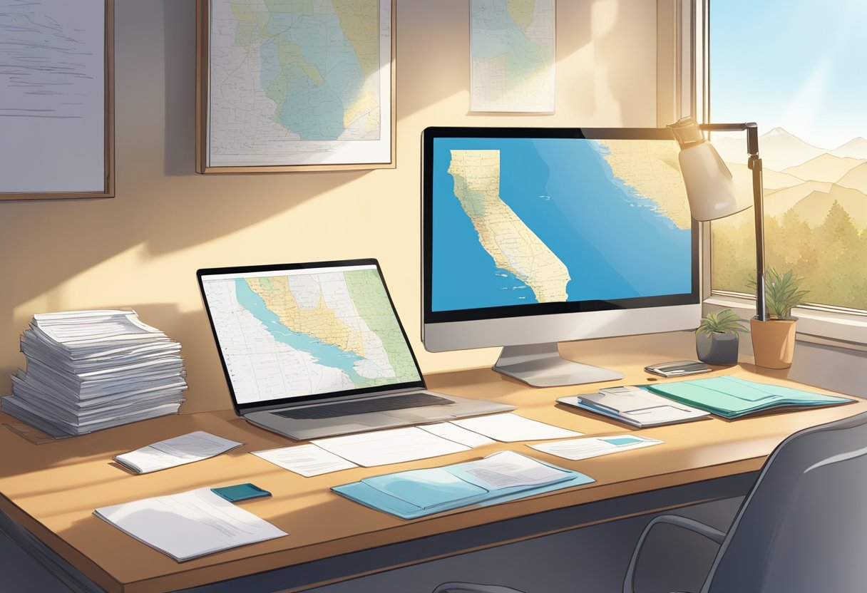 A serene, sunlit office with a desk and computer. A California state map hangs on the wall. A stack of paperwork and a pen sit on the desk