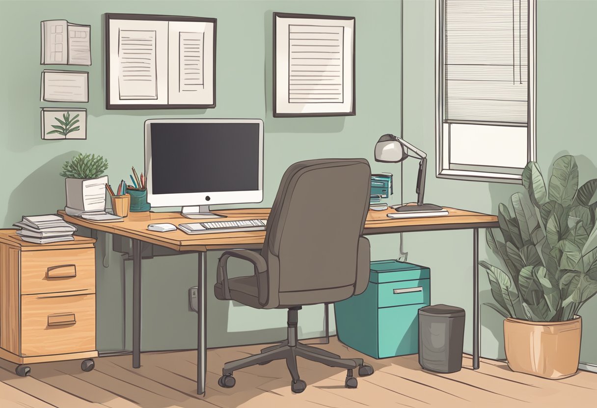 A cozy office with a desk, computer, and filing cabinet. A sign on the wall reads "Doula Insurance in California." A person sits at the desk, filling out paperwork