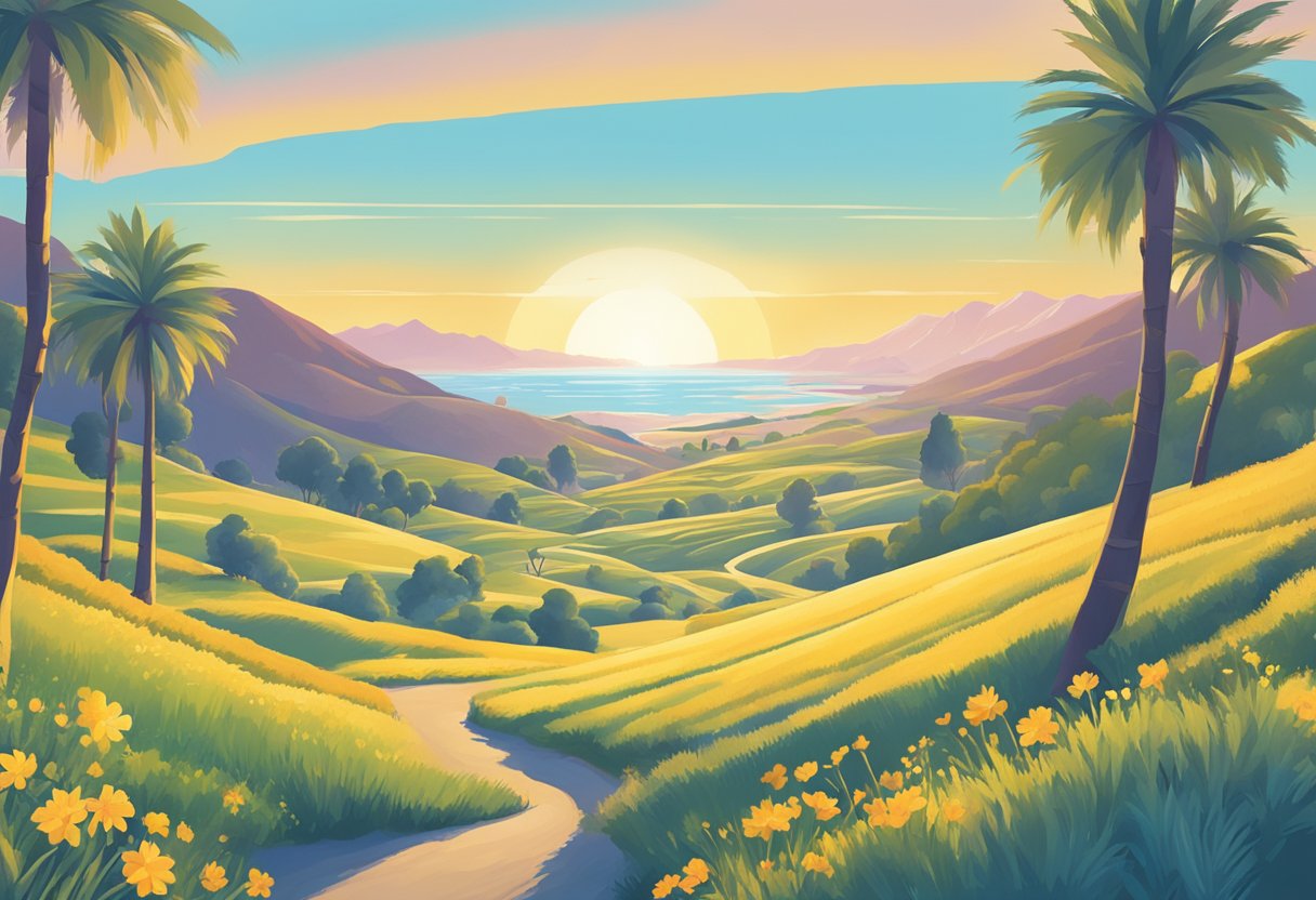 A bright, sunny California landscape with a clear blue sky, featuring a stylized doula symbol and a prominent insurance company logo