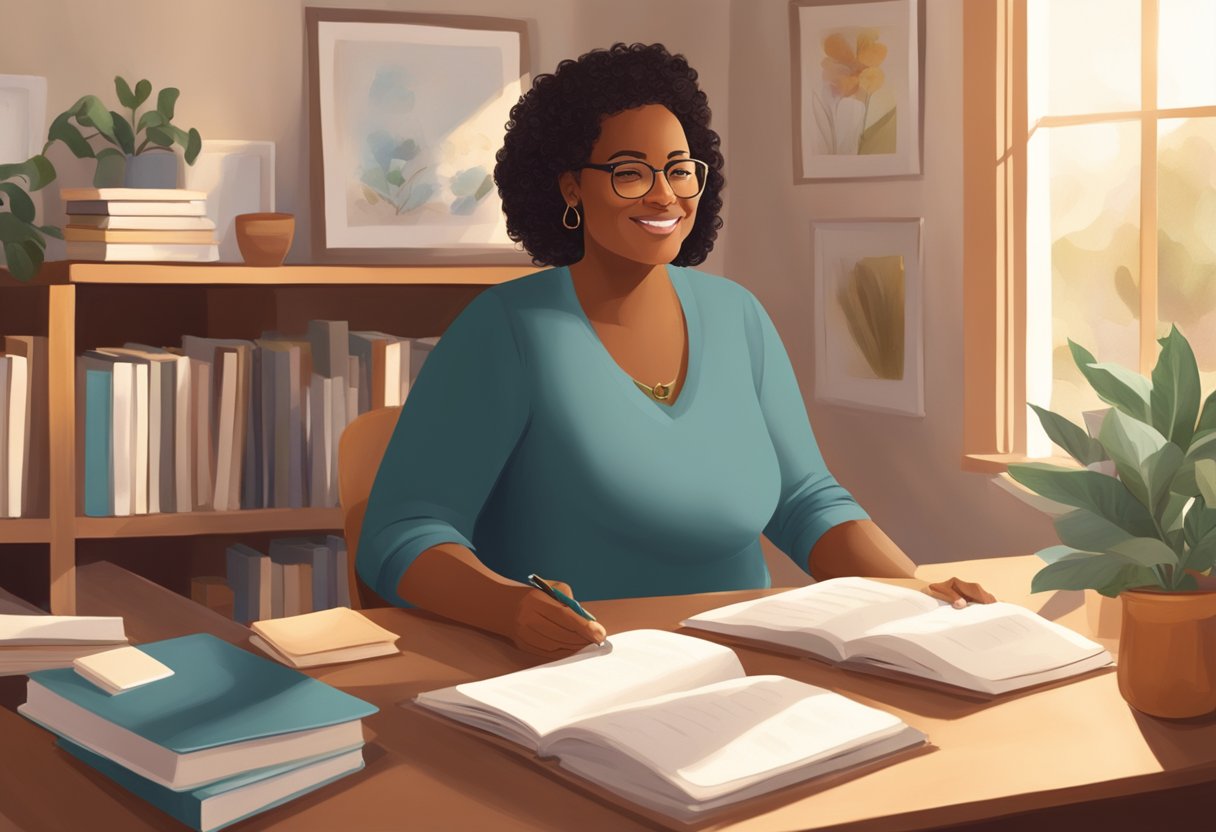 A doula mentor in California sitting in a cozy, sunlit office, surrounded by books and resources. A warm, welcoming atmosphere with a focus on education and support