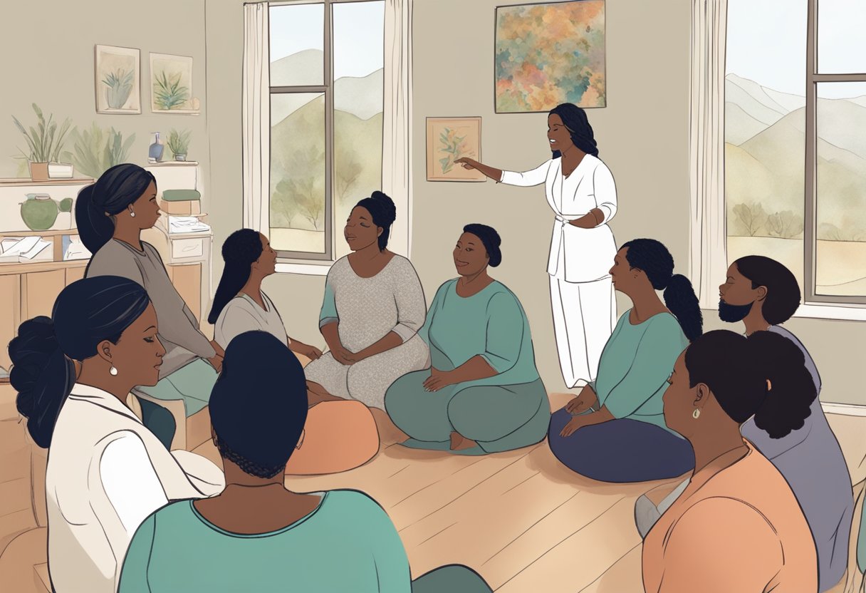 A doula mentor in California guiding a group of doulas through a workshop, sharing knowledge and experience in a supportive and educational environment