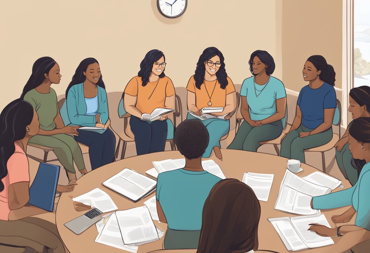 A doula mentor in California guiding a group of trainees through a certification program, sharing knowledge and expertise in a supportive and educational environment