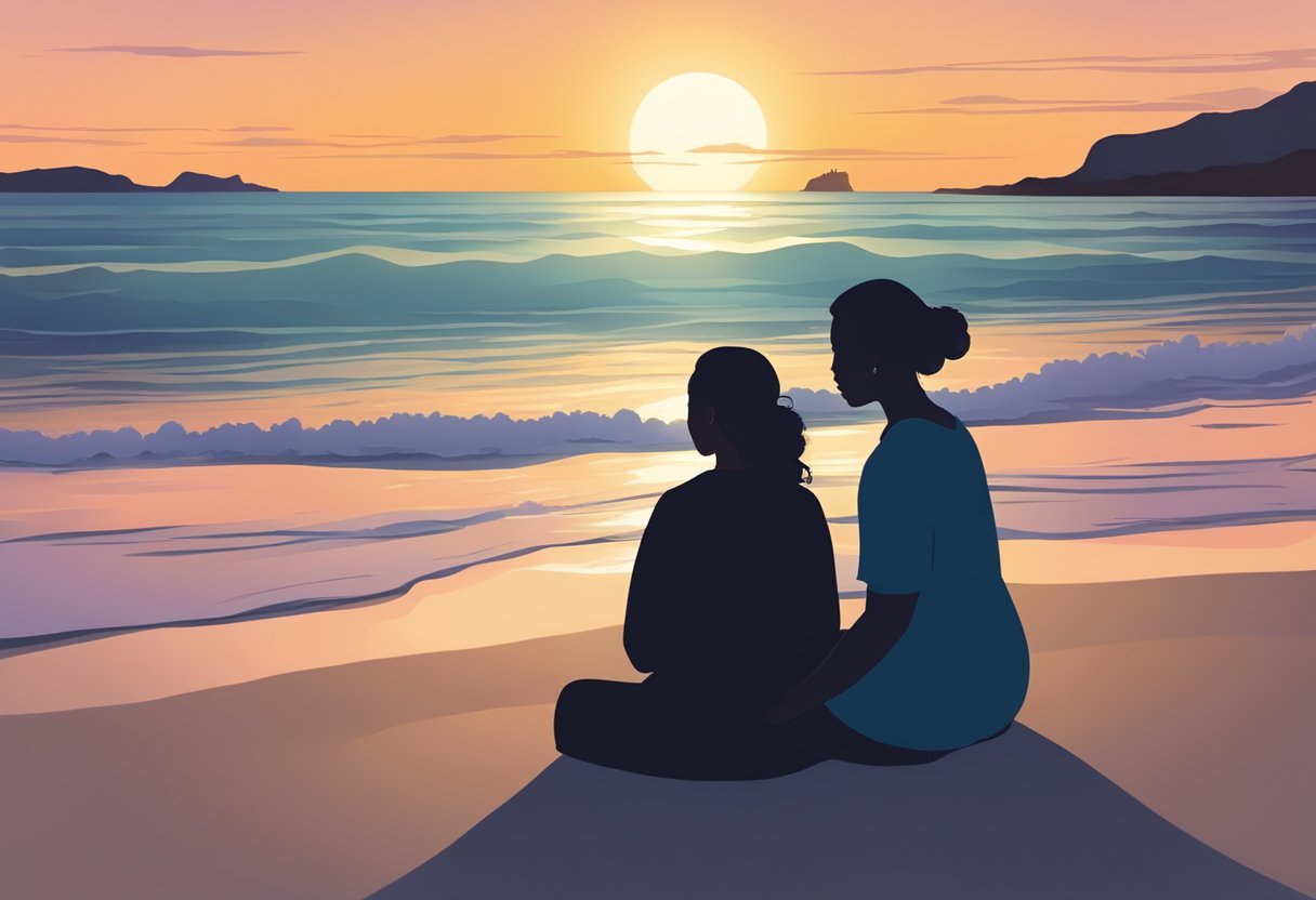 A peaceful beach setting with a sunset, a silhouette of a doula mentor guiding a new doula through a serene and supportive conversation