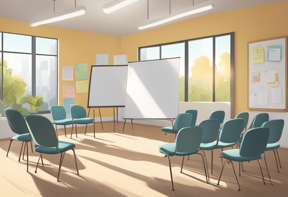 A serene, sunlit room with a circle of chairs, a whiteboard, and a display of educational materials on doula work and continuing education