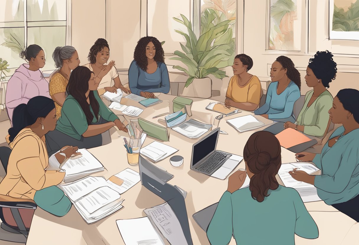 A doula workshop in California, with a diverse group of attendees learning and discussing the roles and responsibilities of being a doula