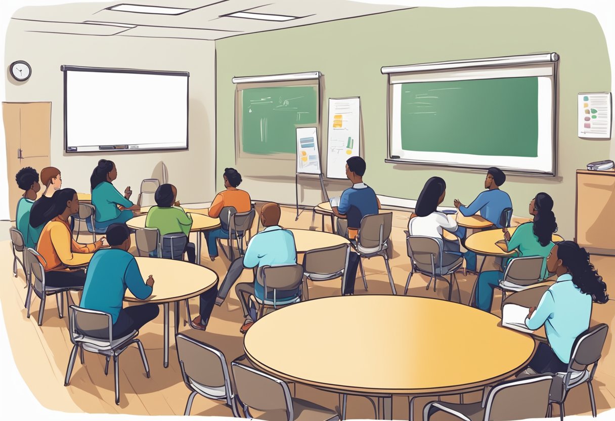 A cozy classroom setting with a circle of chairs, a whiteboard, and a table with refreshments. A group of people engaged in discussion and learning