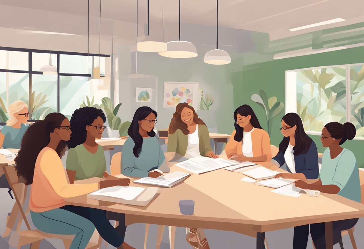 A group of doulas engage in advanced workshops and specializations in a bright, modern California classroom. The atmosphere is focused and collaborative