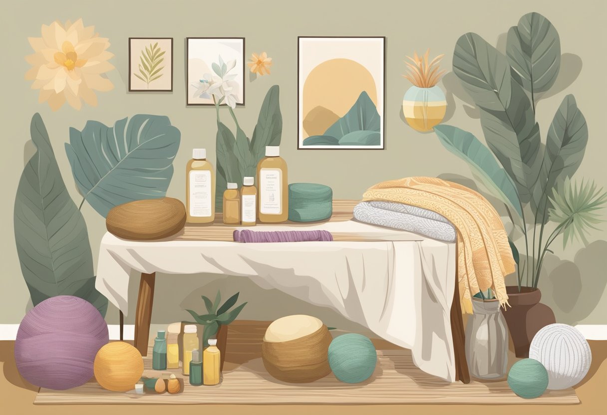 A table displays a variety of doula tools: birth balls, massage oils, rebozo scarves, and educational resources. A calming, natural color palette sets the scene