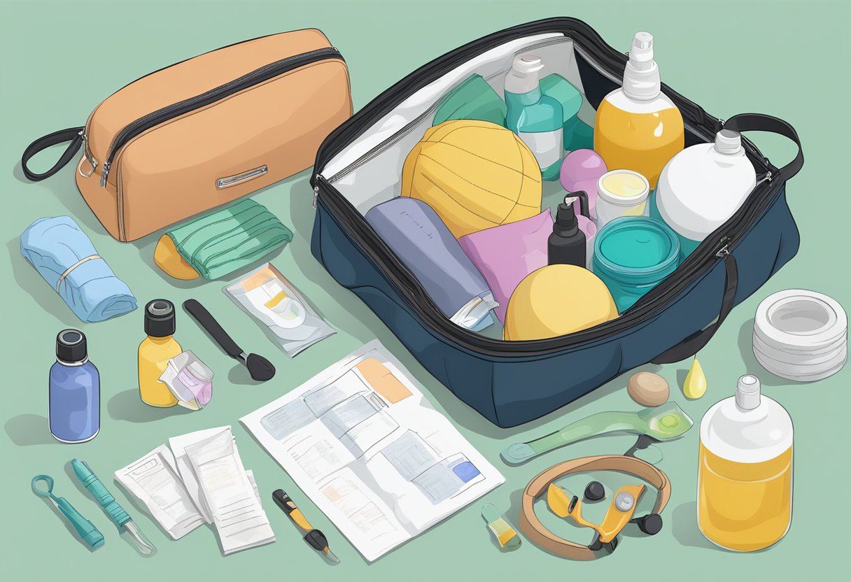 A doula's bag open on a table, filled with essential tools and equipment such as a birthing ball, massage oils, and informational pamphlets