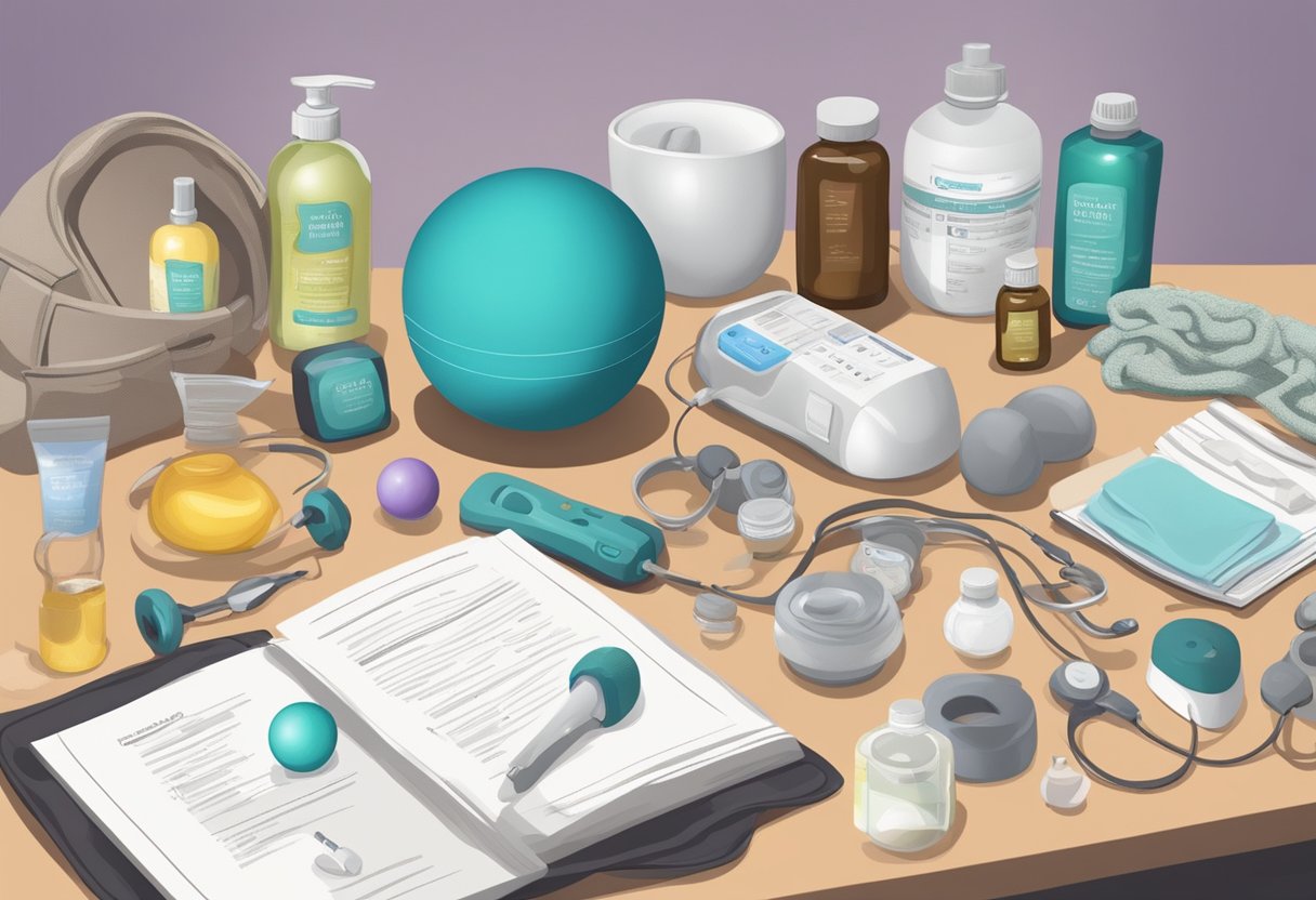 A table with essential doula tools and equipment, including a birthing ball, massage oils, a fetal doppler, and informational pamphlets