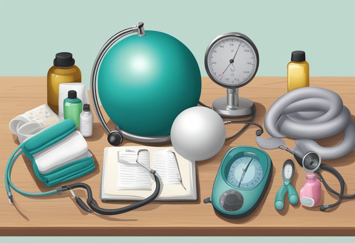 A table displaying various doula equipment and tools, including a birth ball, massage oils, a blood pressure cuff, and a fetal doppler