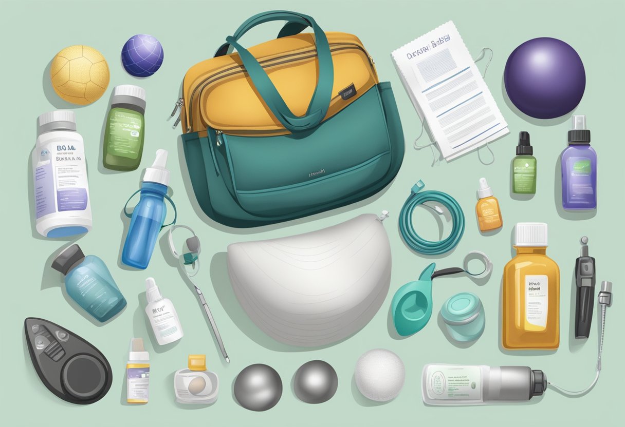 A doula's bag open on a table, filled with essential tools and equipment: a birth ball, massage oils, a fetal doppler, and informational materials