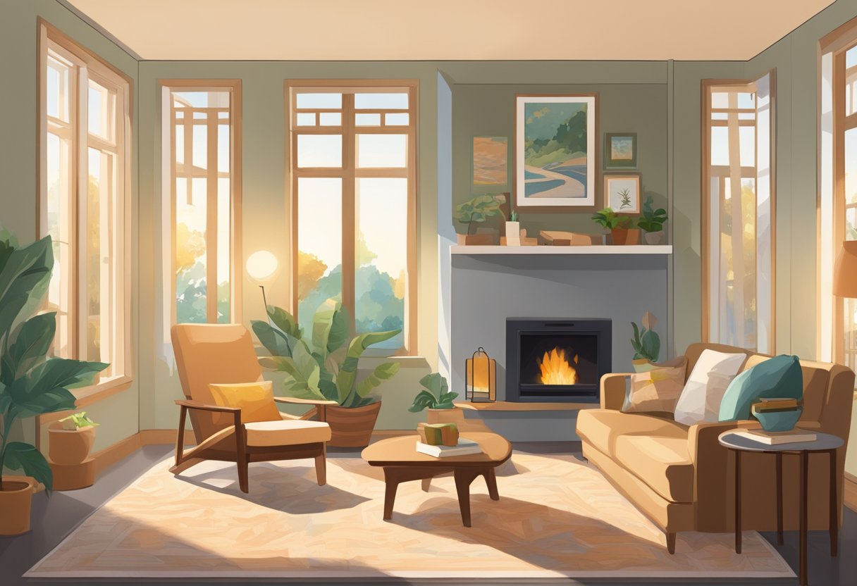 A serene, sunlit living room with a cozy armchair, a stack of books, and a warm, inviting atmosphere. A California map on the wall highlights the location