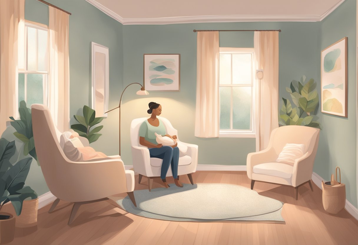 A serene birthing room with a cozy chair, soft lighting, and a calming atmosphere. A doula and expectant parents engage in conversation, creating a sense of trust and support