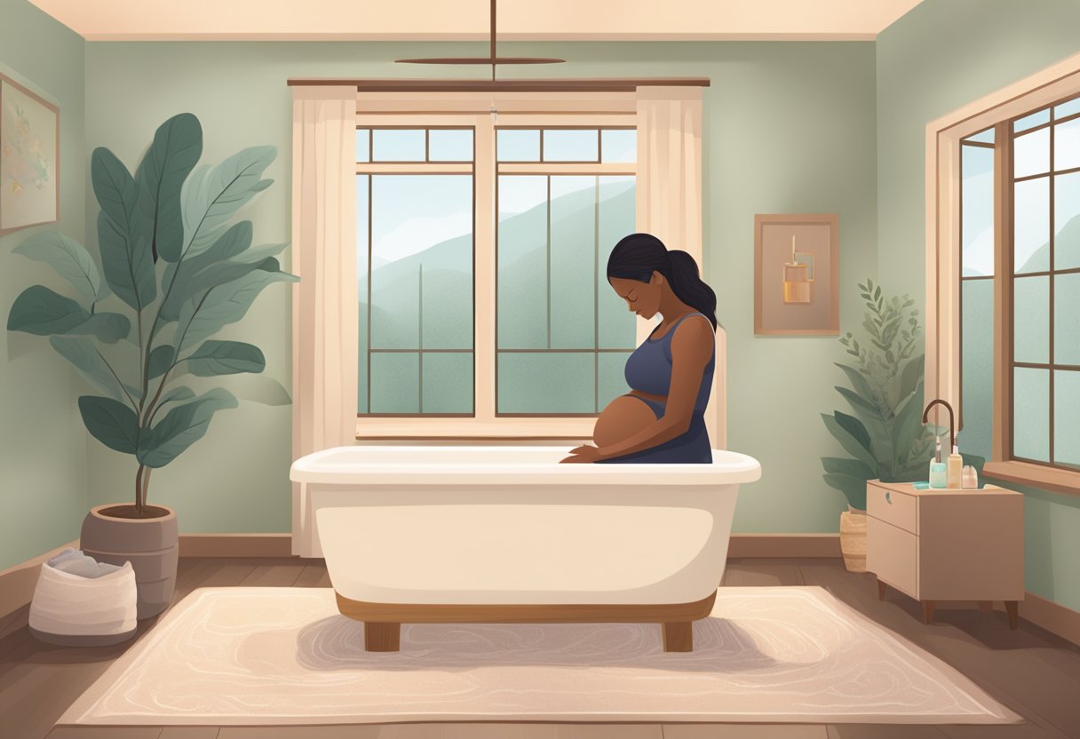 A serene birthing room with soft lighting, a comfortable birthing tub, and calming essential oils. A doula stands nearby, offering support to the laboring mother