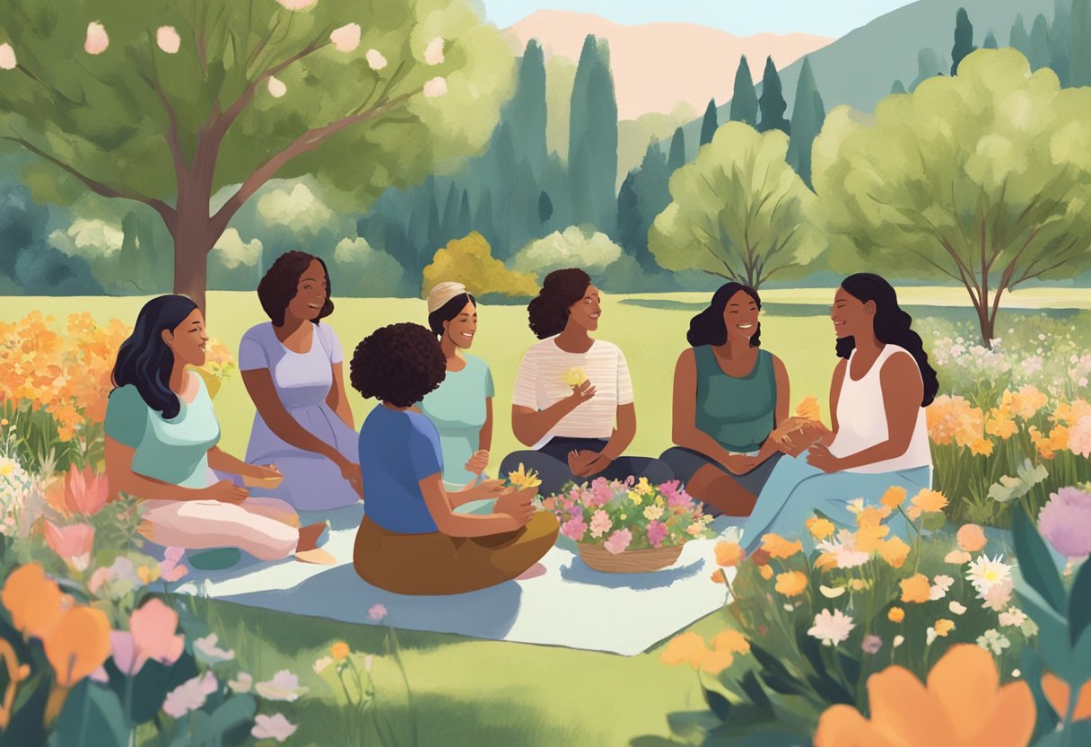 A group of doulas gather in a sunny California park, chatting and sharing resources while surrounded by blooming flowers and lush greenery