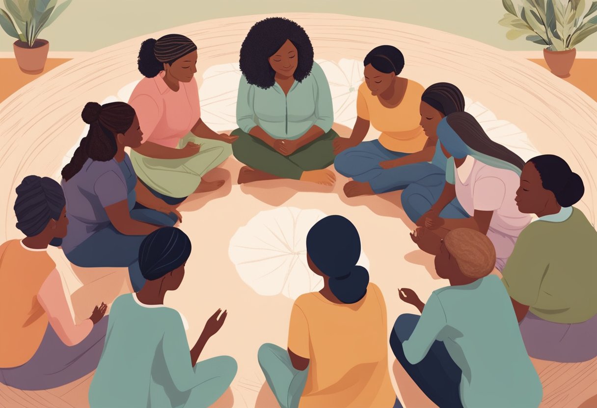 A group of doulas gather in a circle, sharing stories and providing support to one another. A warm, welcoming atmosphere fills the room as they connect and build a supportive network