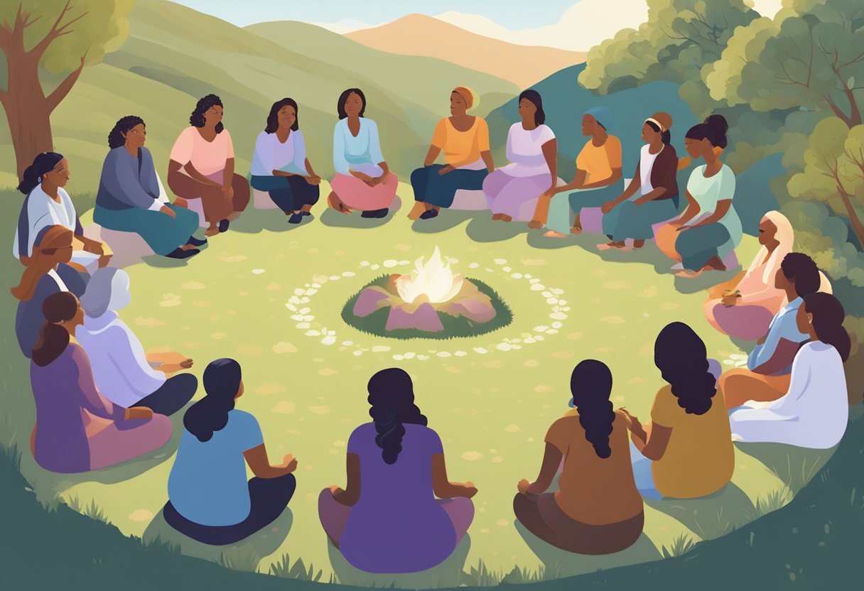 A group of doulas gather in a circle, exchanging knowledge and support. A California landscape provides a backdrop for their meeting