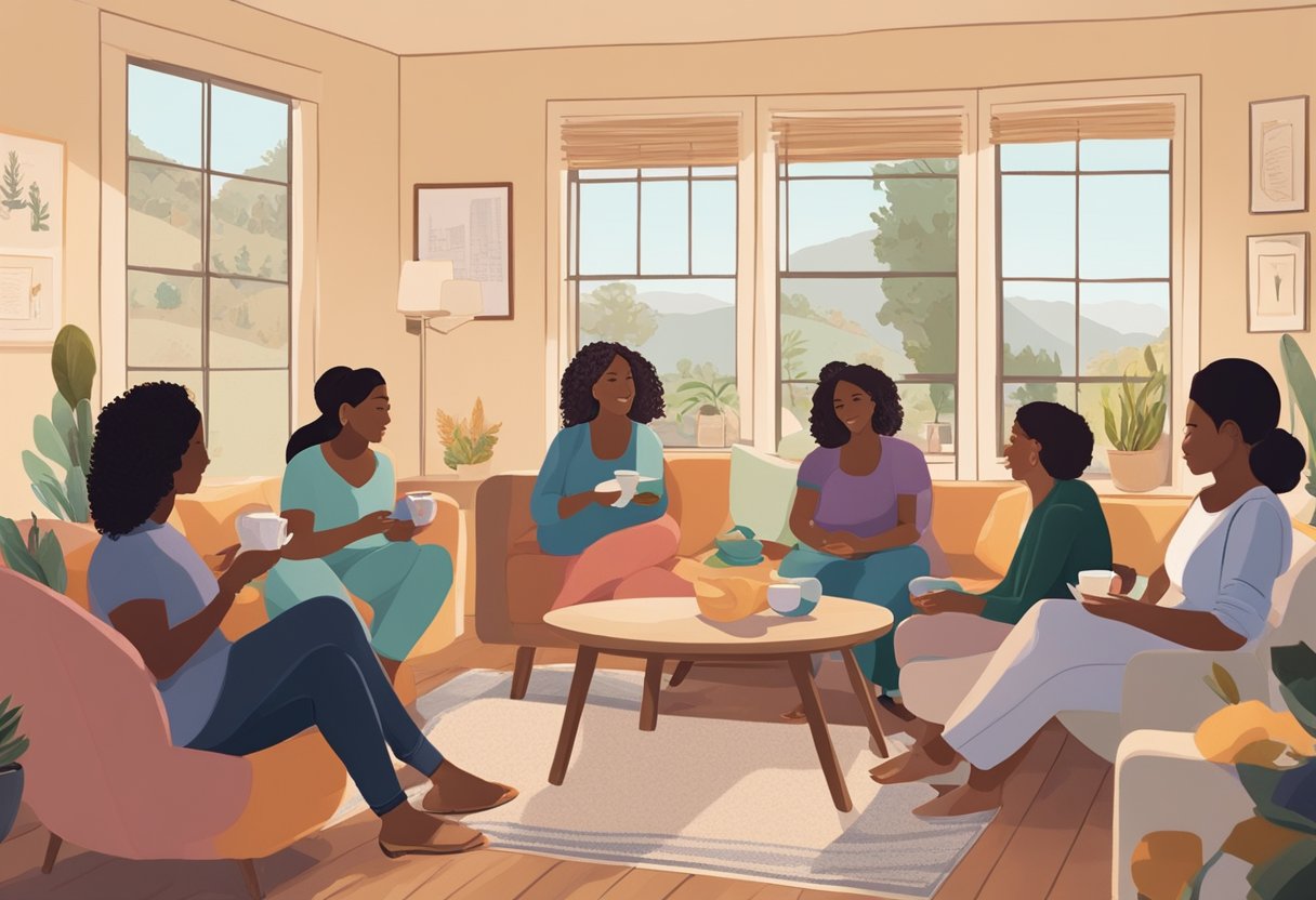 A group of doulas gather in a cozy, sunlit living room, sharing stories and resources while sipping tea. A map of California hangs on the wall, marked with locations of local birthing centers and hospitals