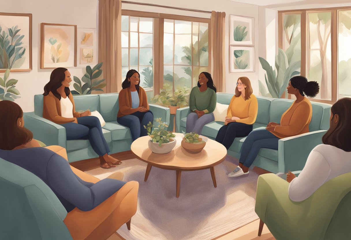 A group of professional doulas gather in a cozy California setting, exchanging insights and support. The atmosphere is warm and inviting, with a strong sense of community and collaboration