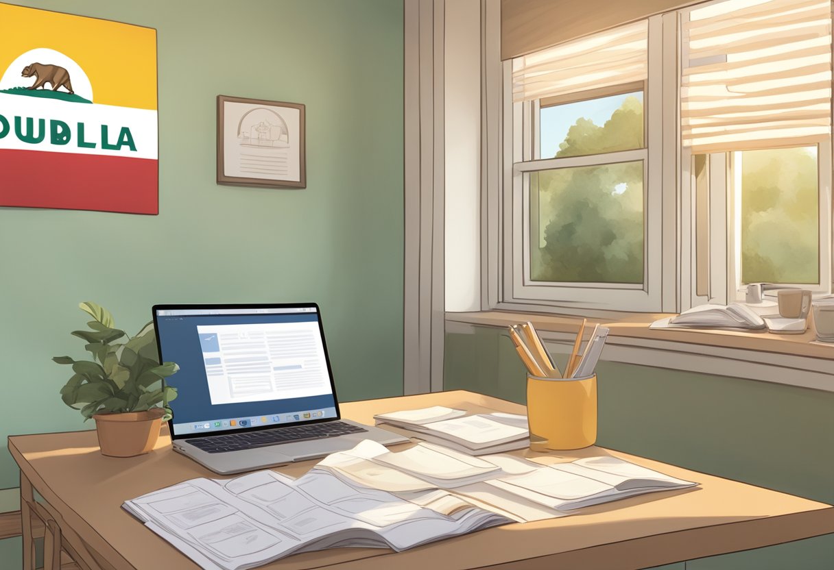 A serene, sunlit room with a table covered in paperwork and a laptop displaying a doula training program. A California flag hangs on the wall