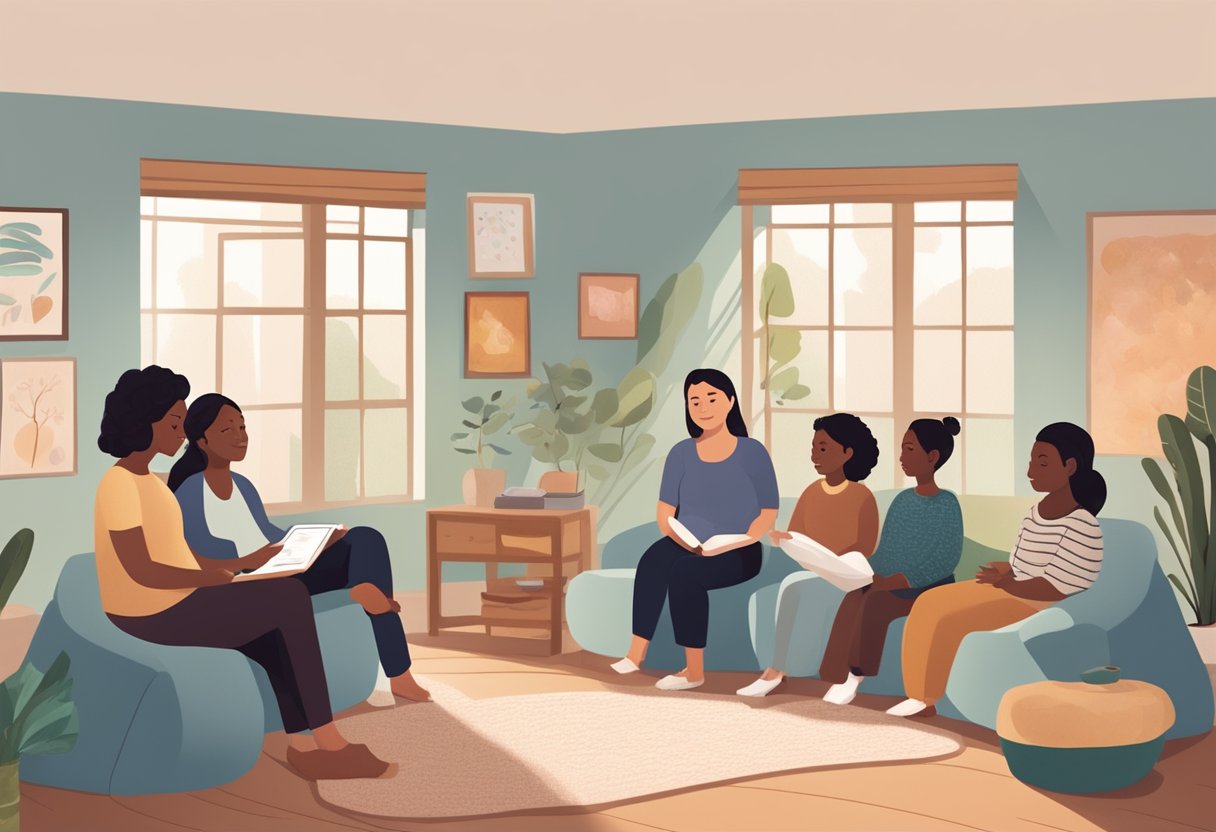 A doula leading a childbirth education class in a cozy, well-lit room with comfortable seating and educational materials displayed