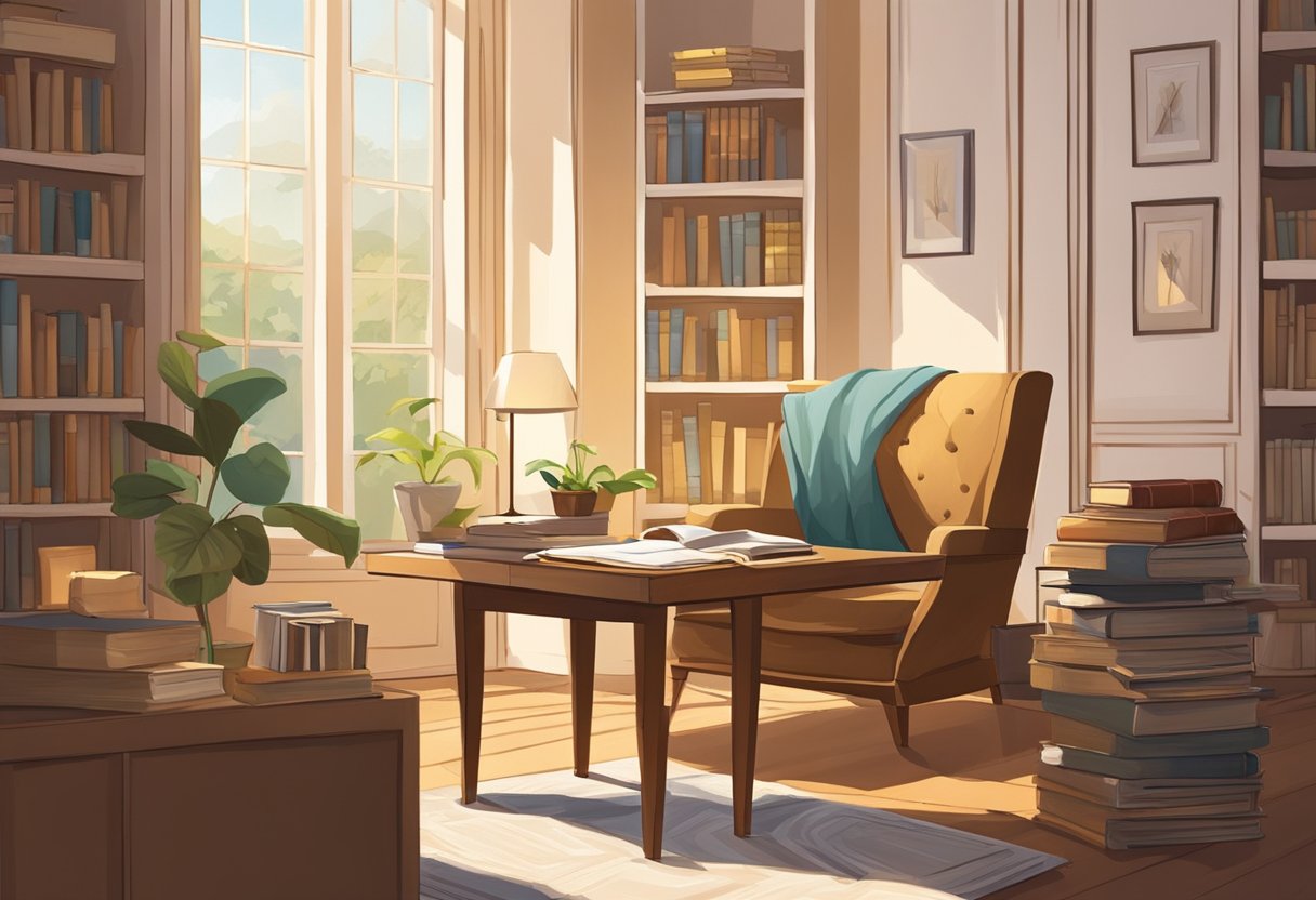 A serene, sunlit room with a cozy armchair and a desk adorned with books and paperwork. A warm, inviting atmosphere with a sense of professionalism and knowledge