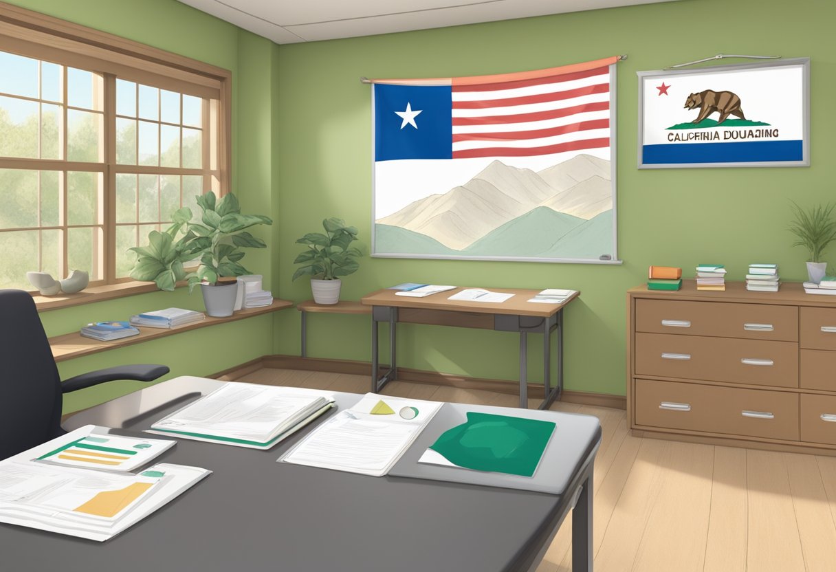 A serene doula training classroom with California state flag on the wall, essential training materials on the desk, and a certification plaque displayed prominently