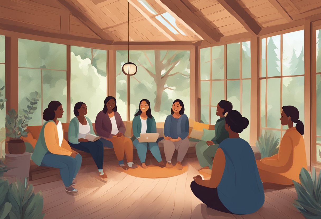 A doula leading a group session in a cozy Oregon cabin, surrounded by nature and calming decor