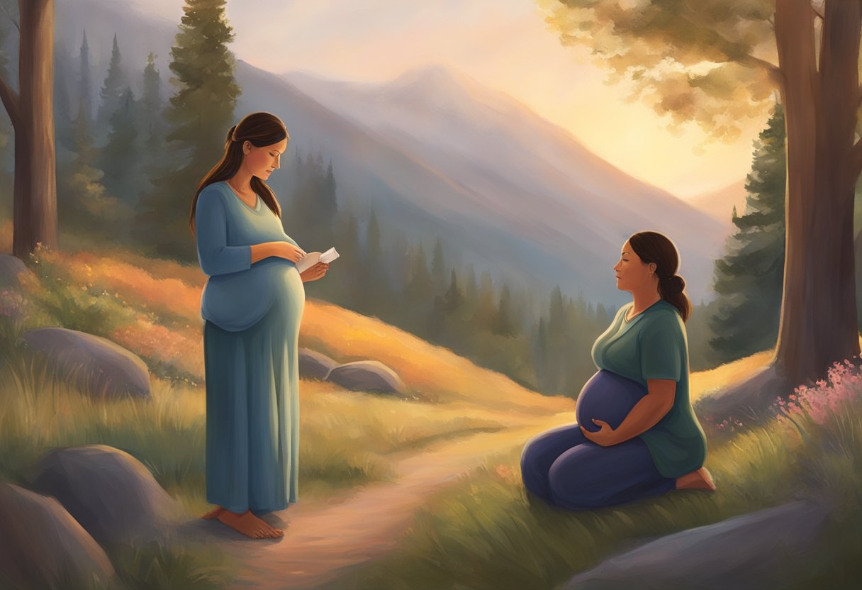 A serene and peaceful setting with a doula providing support and guidance to a pregnant woman in Oregon. The doula's presence exudes warmth and reassurance