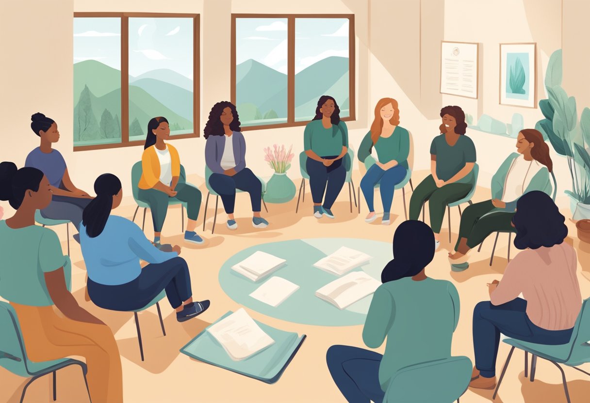 A serene doula certification workshop in Oregon, with a group of students learning and discussing in a bright and welcoming classroom setting