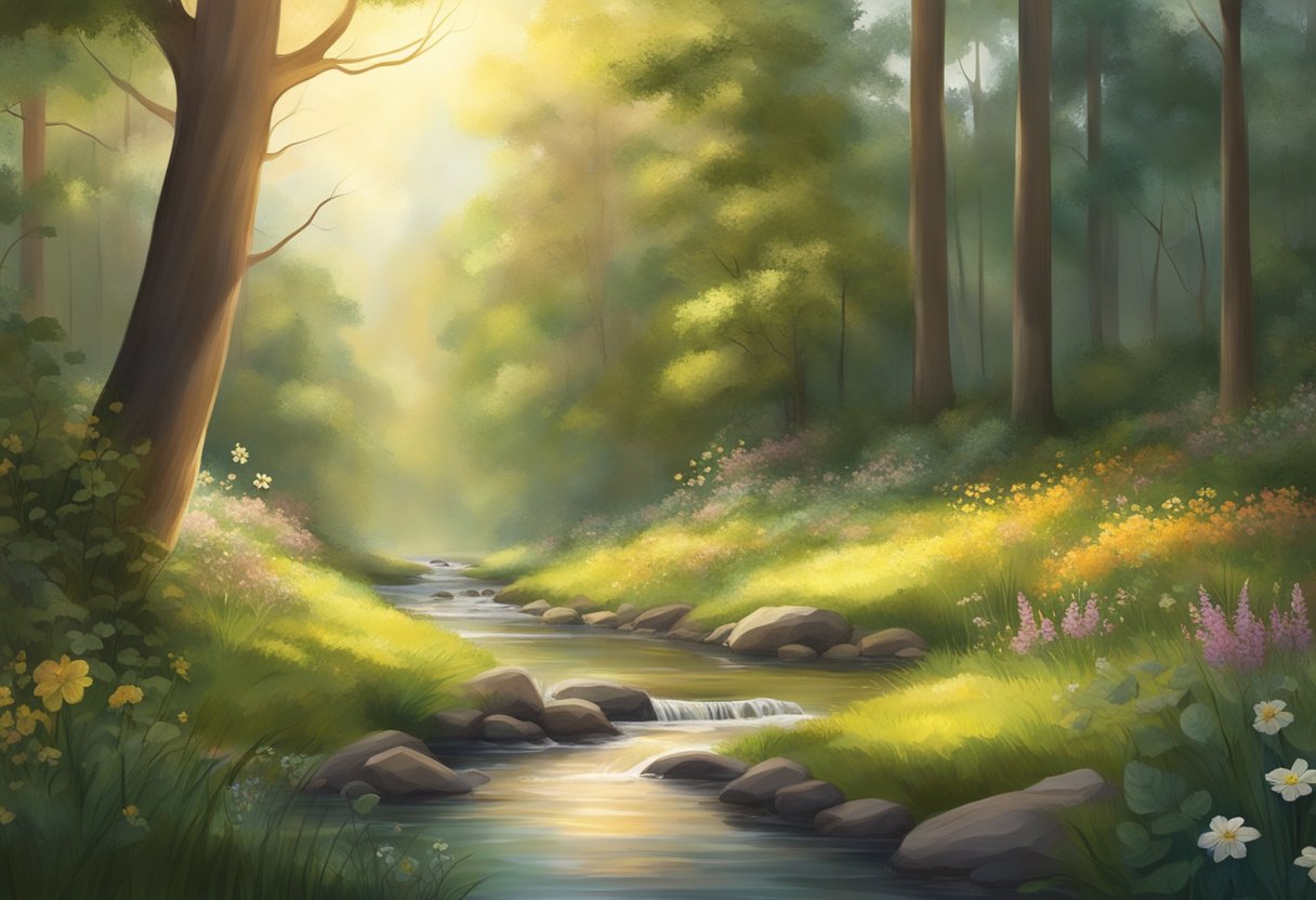 A serene forest clearing with a gentle stream, surrounded by lush greenery and blooming wildflowers, with a soft, warm light filtering through the trees